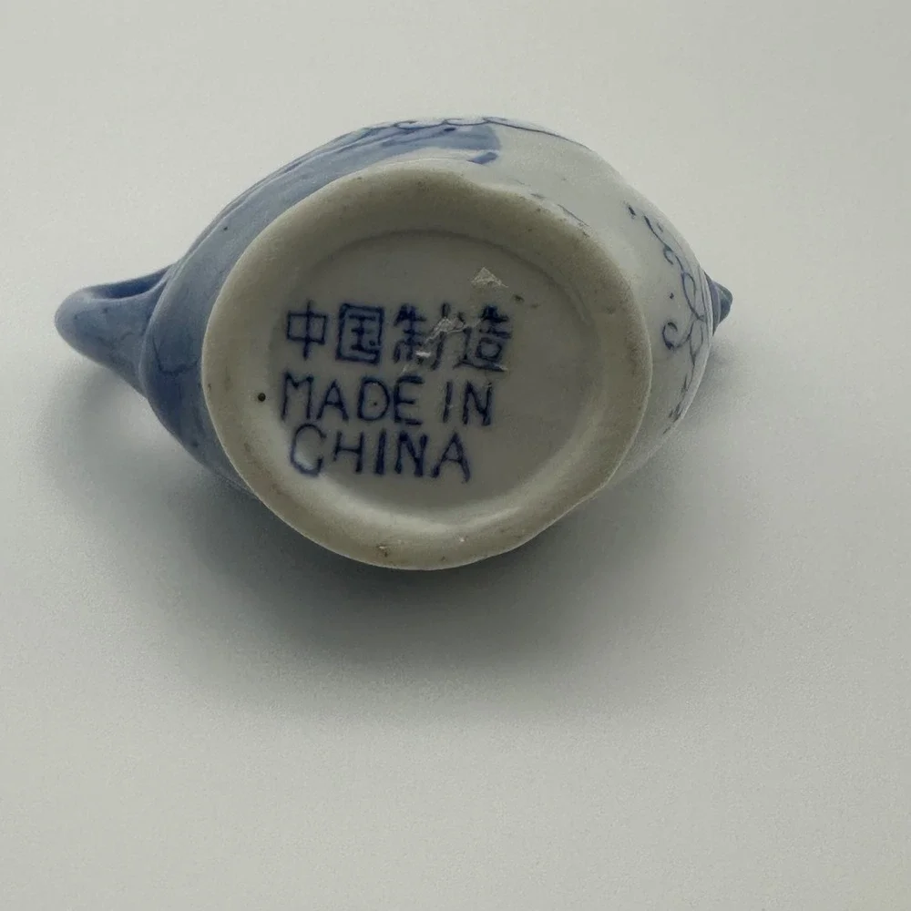 Vintage Blue and White Porcelain Rooster Miniature Creamer Toothpick Holder